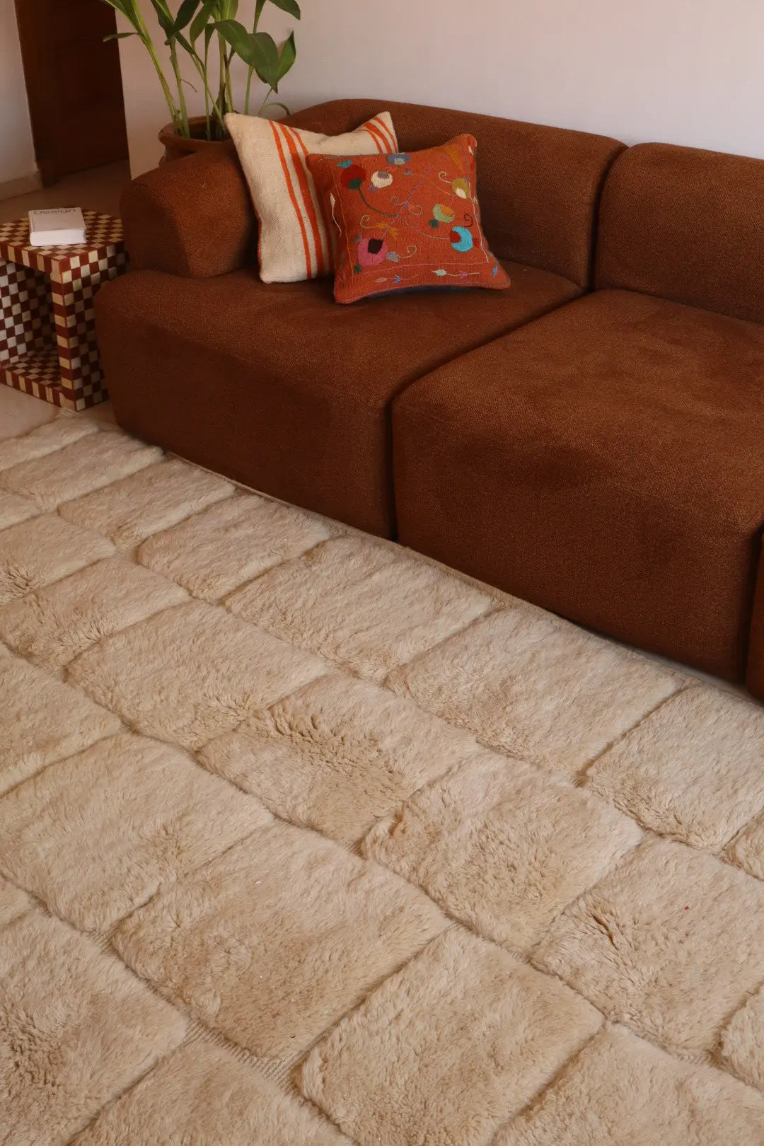 Tapis Berbère Mrirt Beige Crème Motifs Carrés Reliefs- 300 x 200 cm Néda