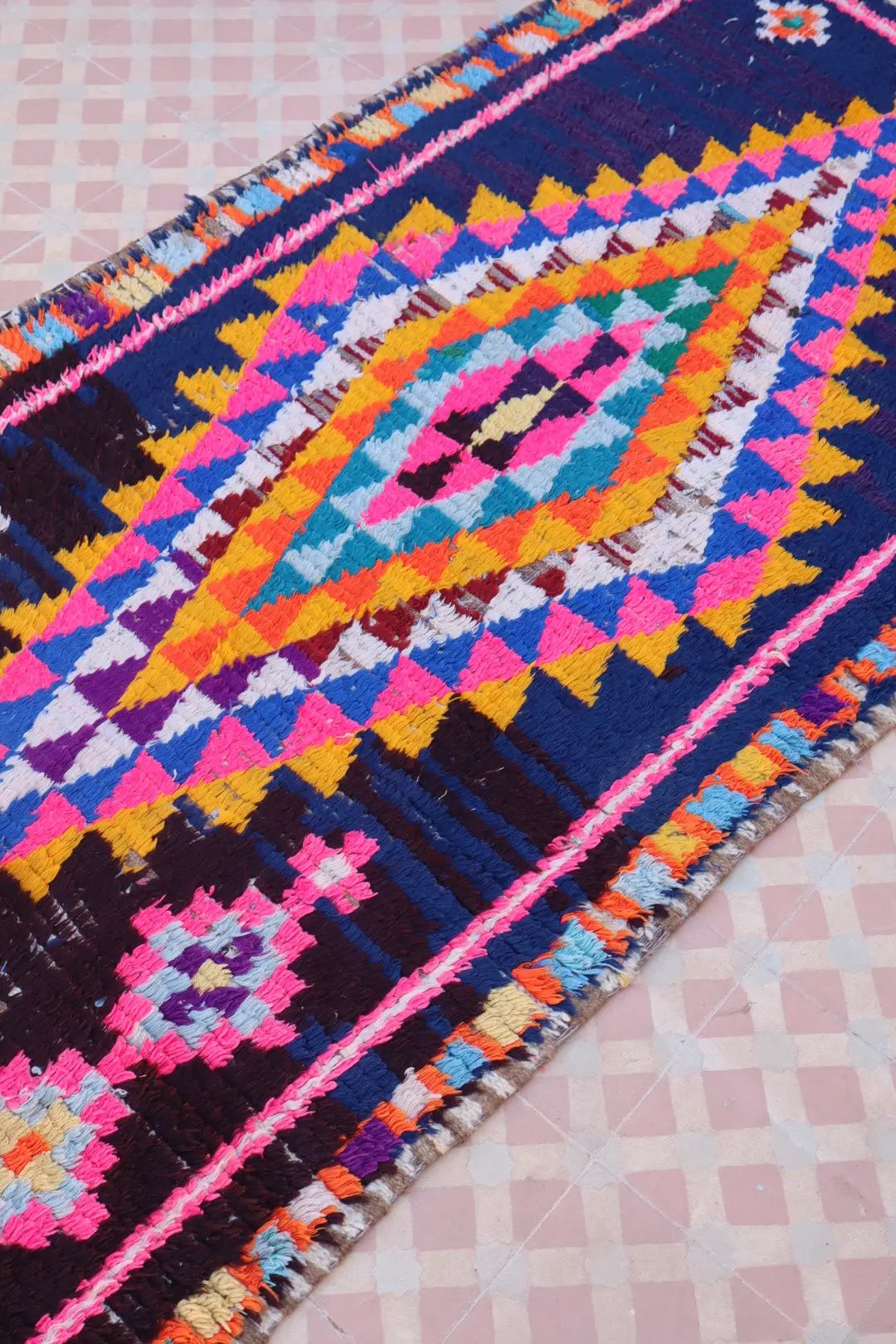 Tapis Berbère Azilal Vintage de Couloir Bleu Nuit Multicolore - 238 x 87 cm Néda