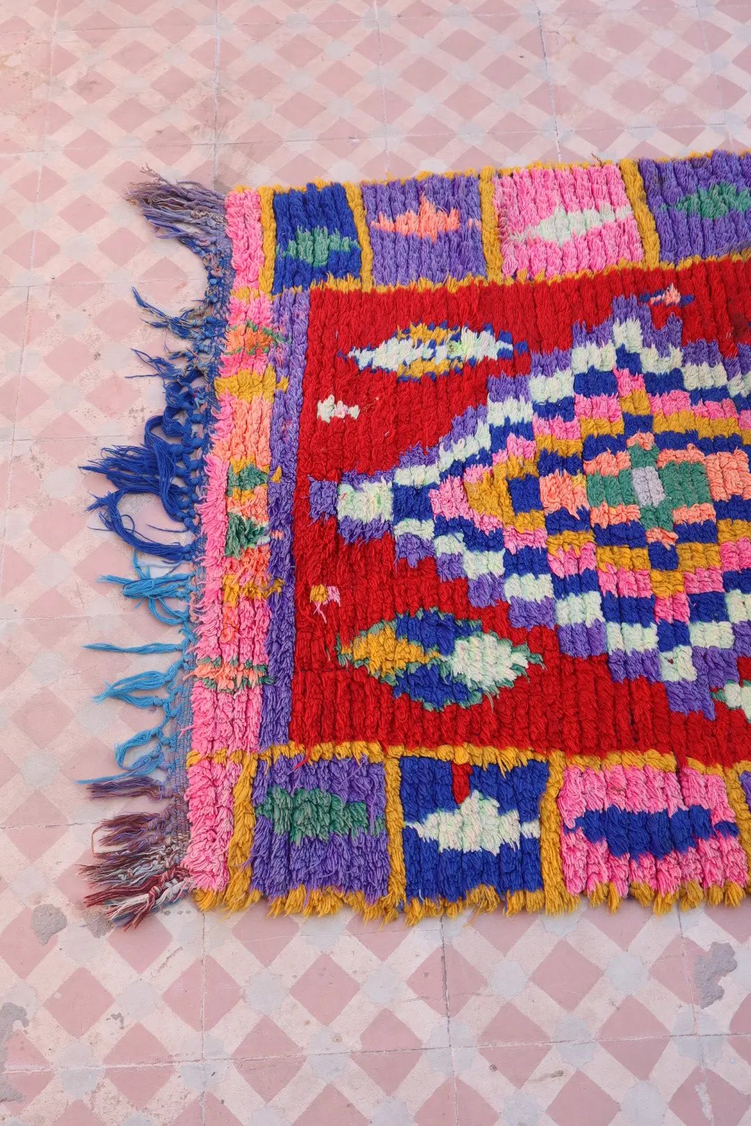 Tapis Berbère Azilal Vintage de Couloir Coloré Rouge - 214 x 91 cm Néda