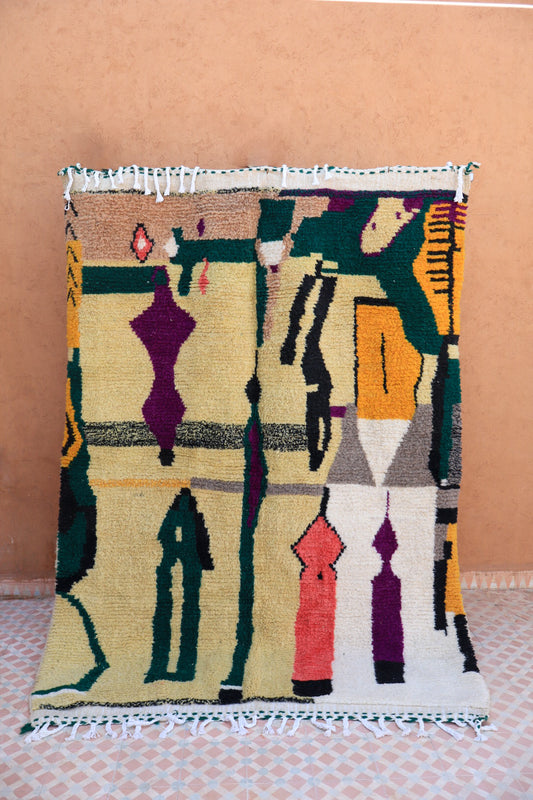 Tapis berbère boujad vert anis vert amande à motifs colorés, véritable tapis marocain coloré, tapis multicolore coloré 