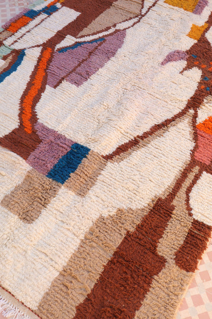 Contemporary Azilal Berber carpet in white with brown and multicolored patterns - 292 x 170 cm