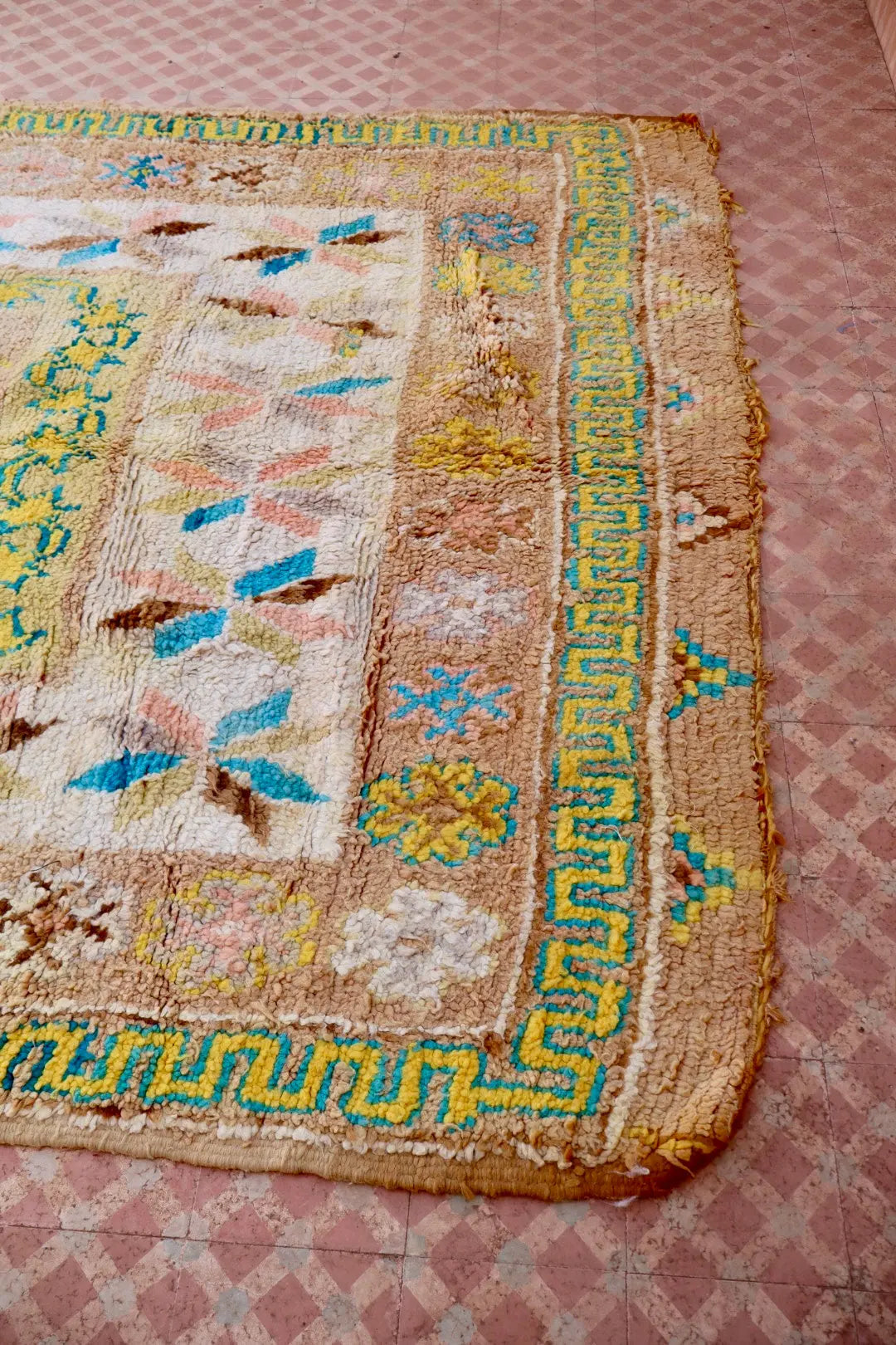 Tapis Berbère Ancien Jaune Pâle Beige Bleu- 345 x 193 cm Néda