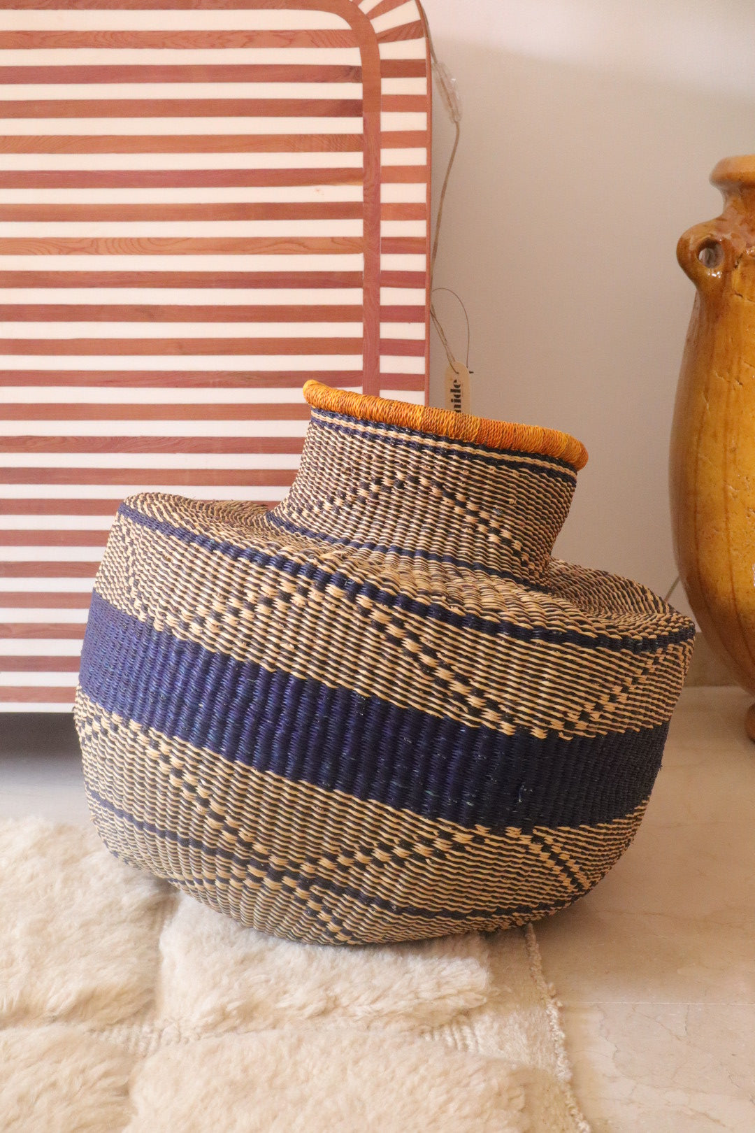 African decorative basket Burkina Faso Round - Mustard