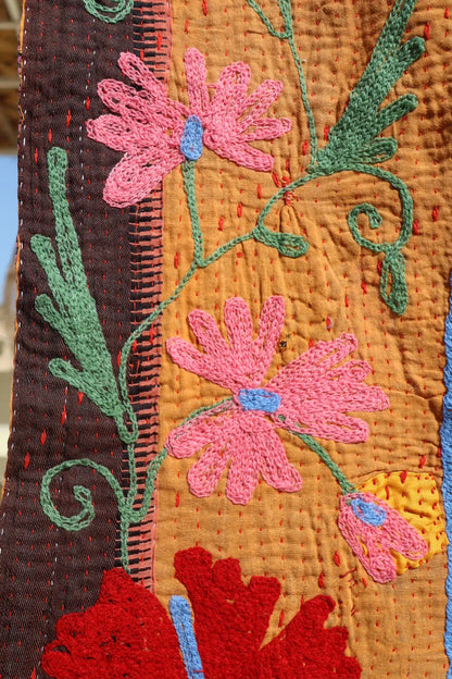 Kantha Suzani indien Brodé Multicolore Orange– Coton Néda