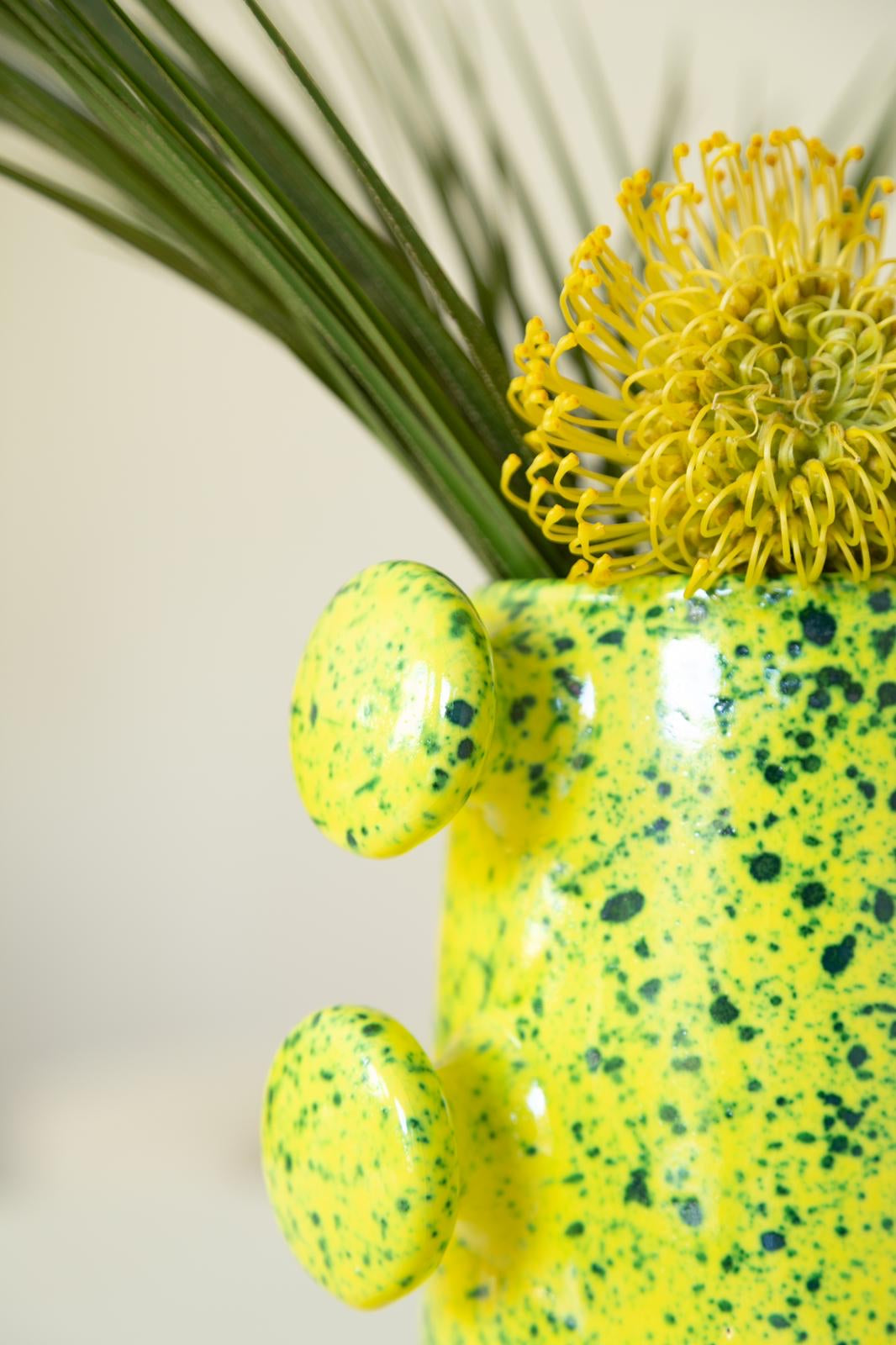 Abstract vase in yellow speckled green ceramic