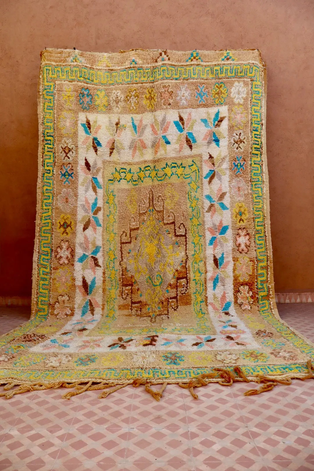 Tapis Berbère Ancien Jaune Pâle Beige Bleu- 345 x 193 cm Néda