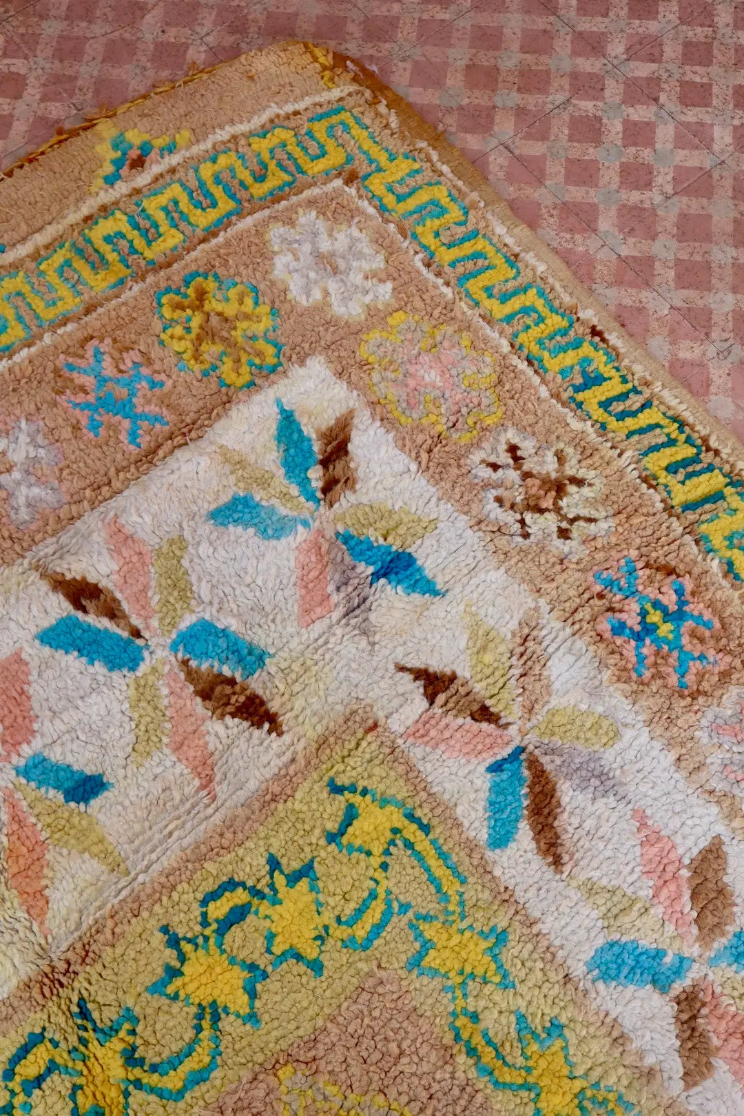 Tapis Berbère Ancien Jaune Pâle Beige Bleu- 345 x 193 cm Néda