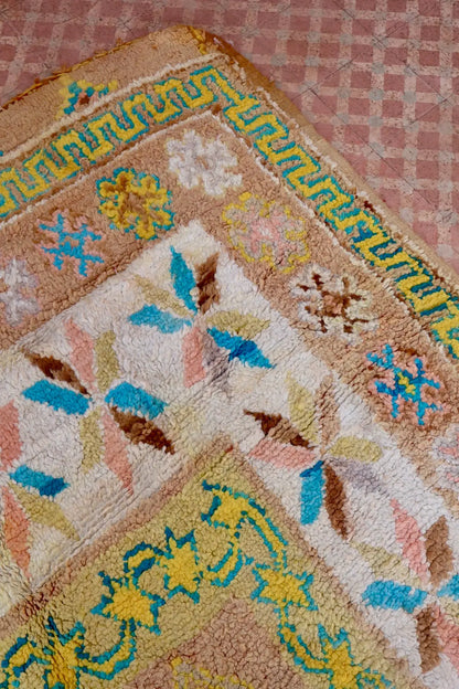 Tapis Berbère Ancien Jaune Pâle Beige Bleu- 345 x 193 cm Néda