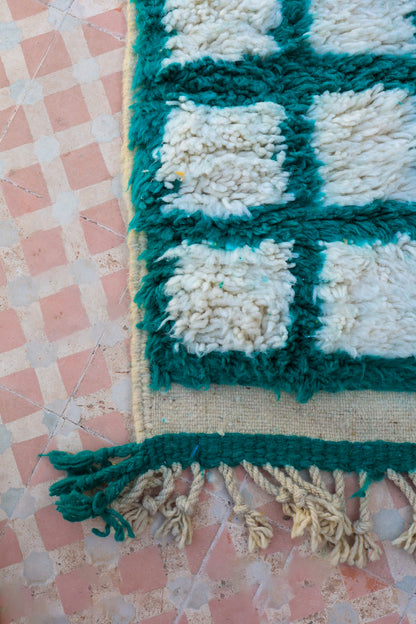 Berber carpet azilal with reverse checkered with green fir tree - 300 x 100 cm