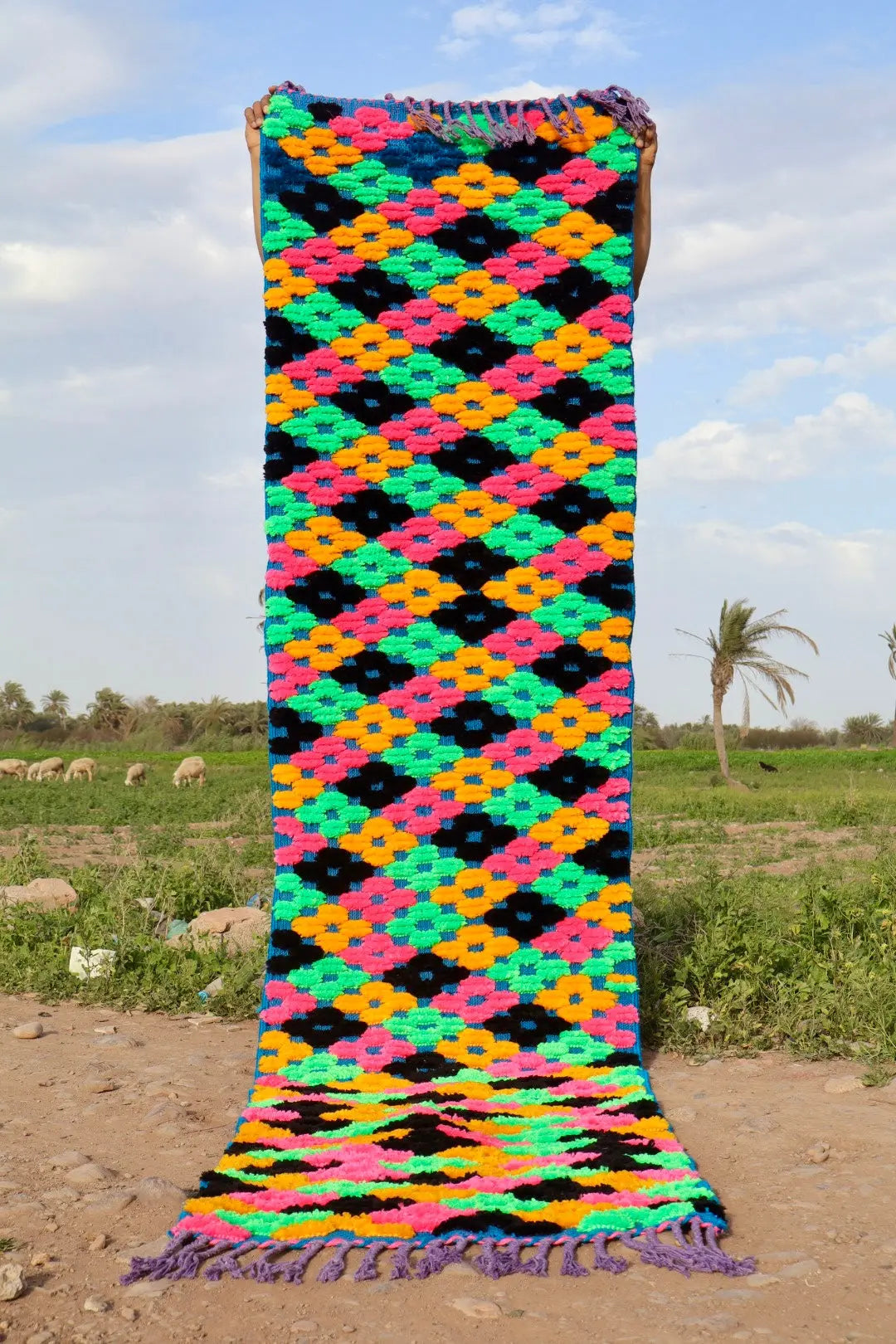 Tapis Berbère Couloir Azilal Bleu à Motifs Reliefs Multicolores - 313 x 74 cm Néda