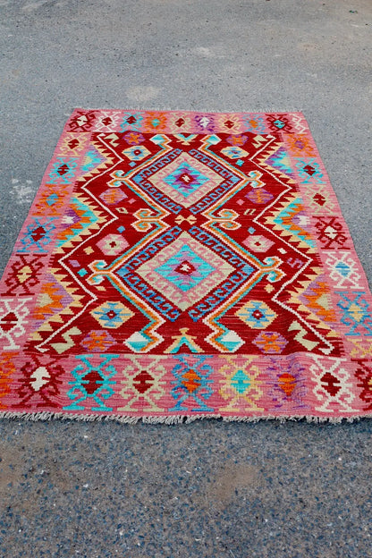 Tapis Kilim Afghan Traditionnel Rouge Rose - 178 x 125 cm Néda