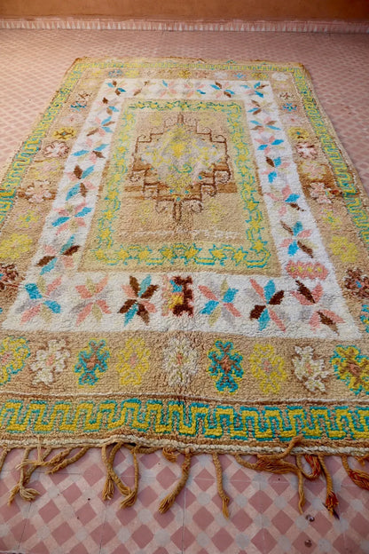 Tapis Berbère Ancien Jaune Pâle Beige Bleu- 345 x 193 cm Néda