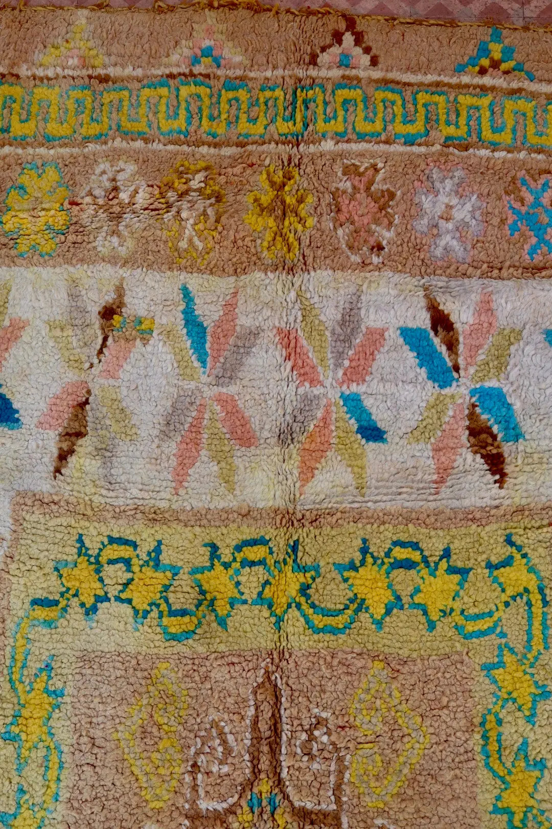 Tapis Berbère Ancien Jaune Pâle Beige Bleu- 345 x 193 cm Néda