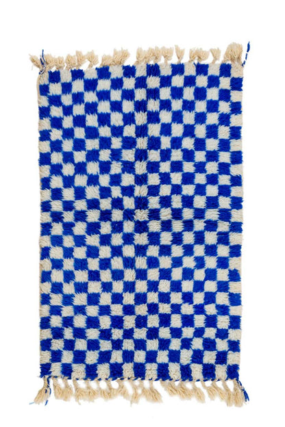 Tapis Berbère Coloré Béni Ouarain à Damiers Bleu Majorelle - 164 x 106 cm