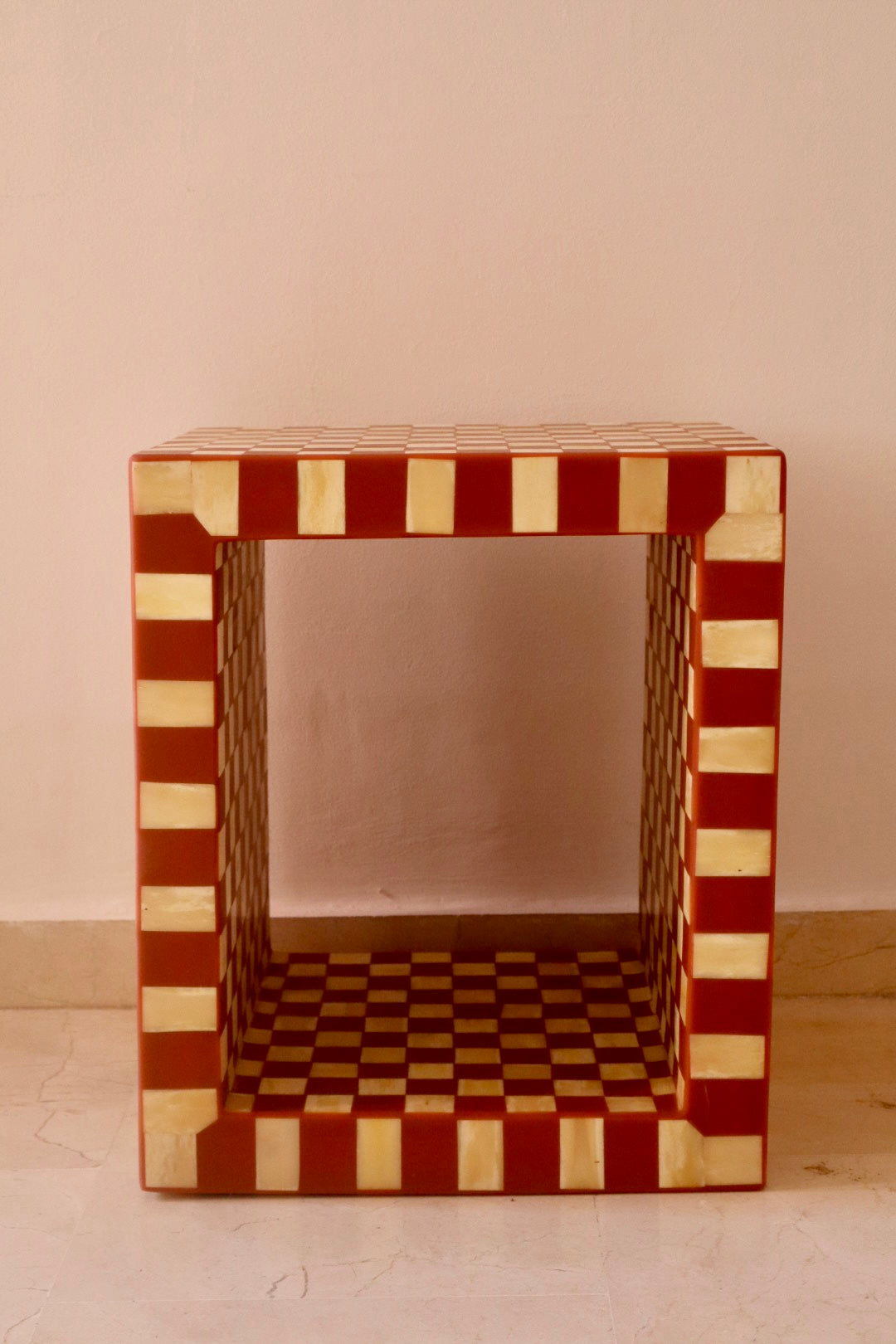 Checkerboard Cube in Bone and Terracotta Resin - “MAT"