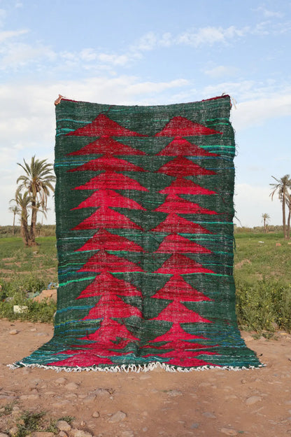 Tapis Berbère Coloré Kilim Boucherouite Vert Sapin et Bordeaux  - 248 x 145 cm Néda
