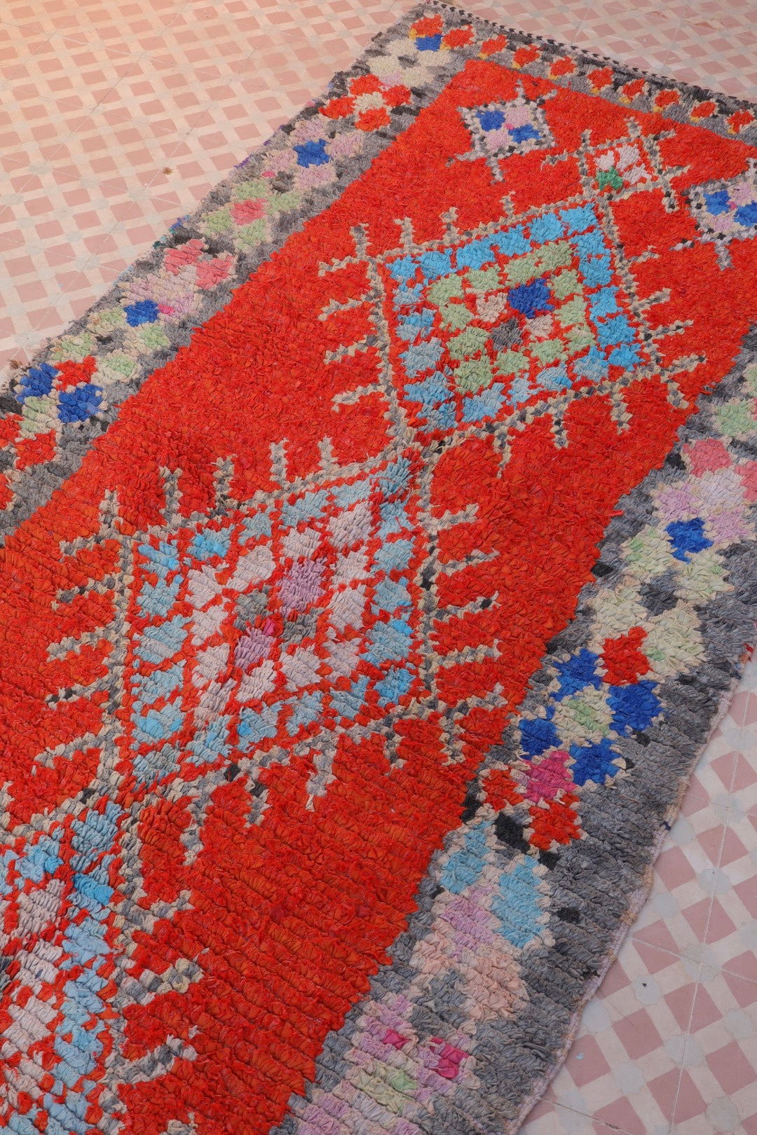 Red Berber Boucherouite rug with colored patterns - 305 x 118 cm