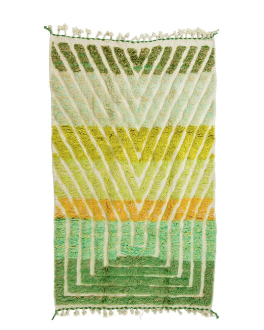 Tapis Berbère Béni Ouarain Moderne Dégradé Verts Orange Reliefs - 248 x 148 cm