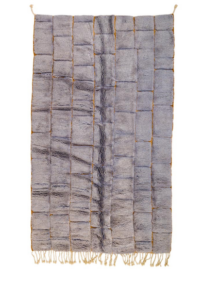 Tapis Berbère Mrirt Gris et Jaune Moutarde Motifs Carrés Reliefs- 256 x 155 cm