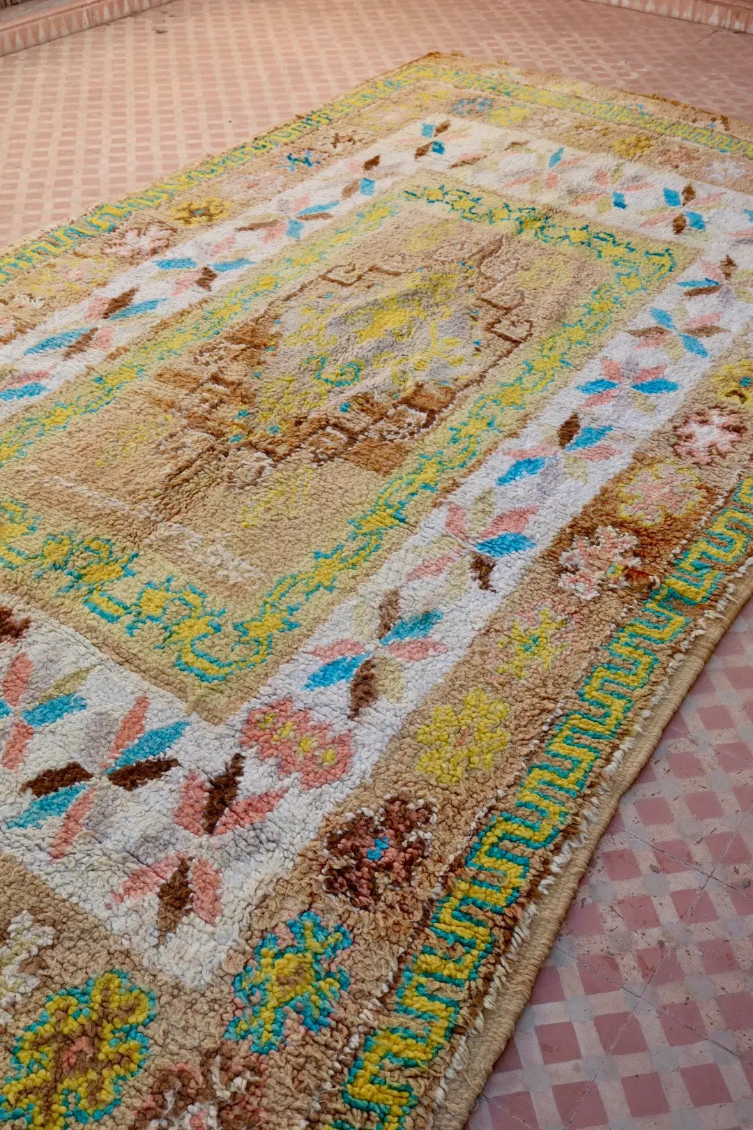 Tapis Berbère Ancien Jaune Pâle Beige Bleu- 345 x 193 cm Néda