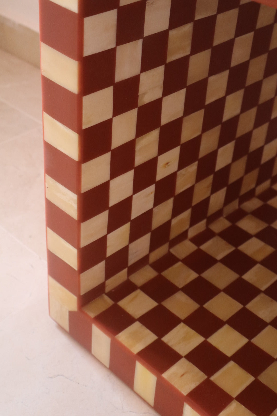 Checkerboard Cube in Bone and Terracotta Resin - “MAT"