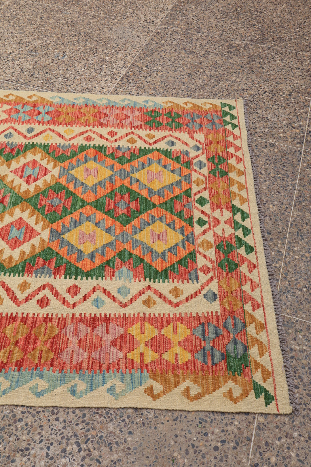 Traditional Afghan Kilim carpet in Orange Terracotta Wool- 203 x 147 cm