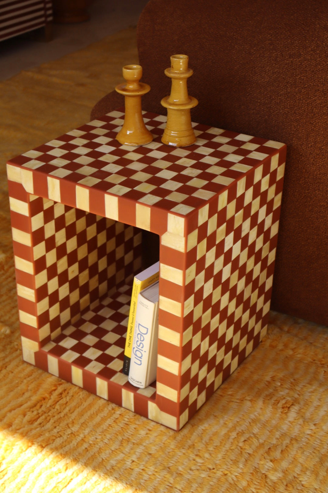 Checkerboard Cube in Bone and Terracotta Resin - “MAT"