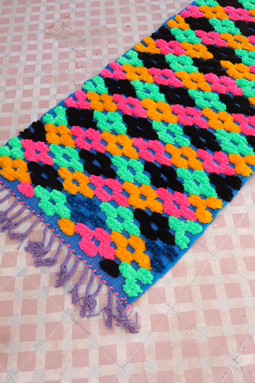 Tapis Berbère Couloir Azilal Bleu à Motifs Reliefs Multicolores - 313 x 74 cm Néda