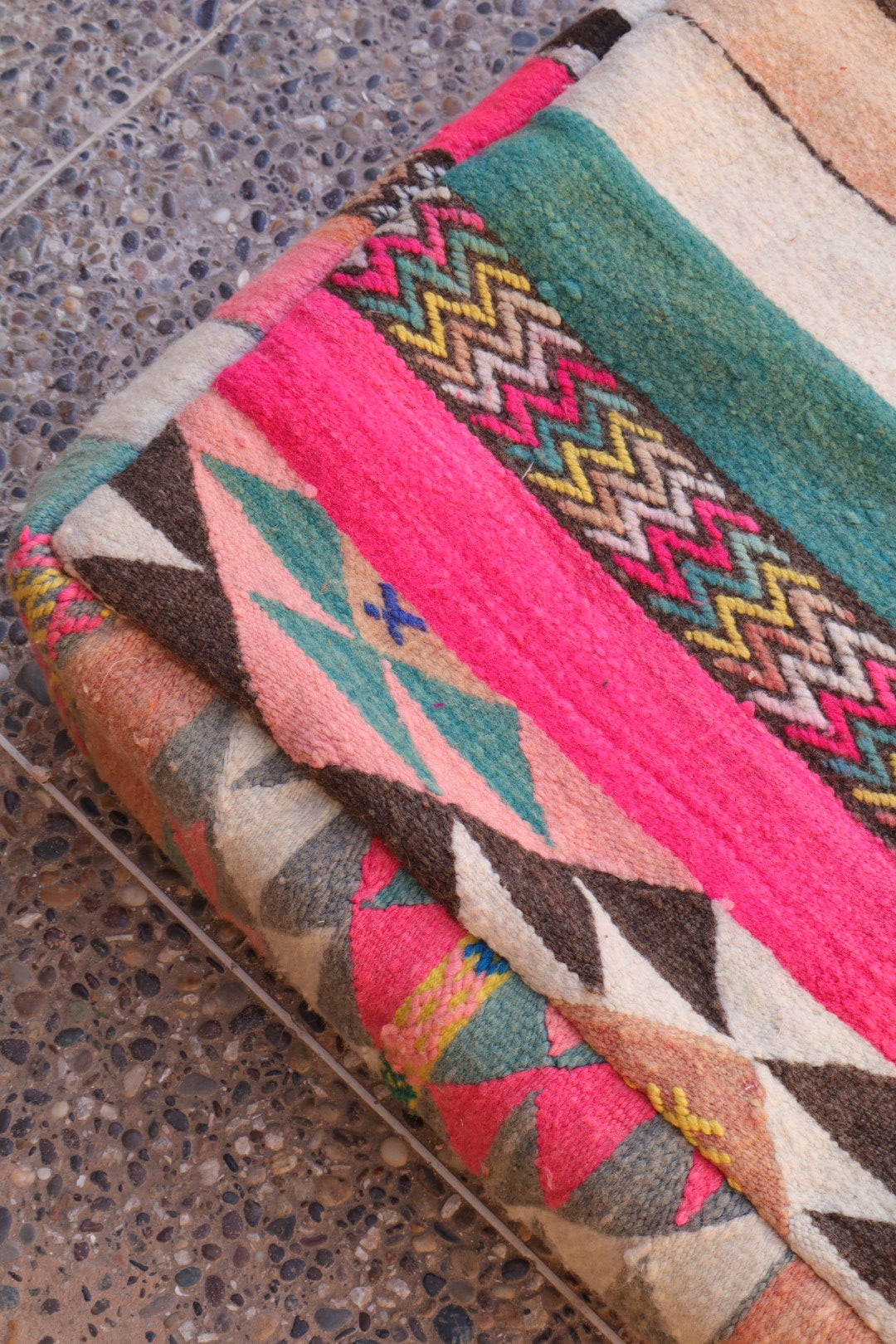 Multicolored and Fluorescent Pink Kilim Berber Pouf