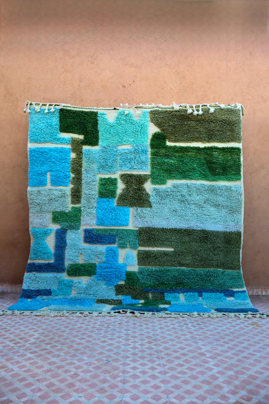 Tapis Berbère Motifs Abstraits Reliefs Bleu Vert Modèle Signature -227 x 220 cm