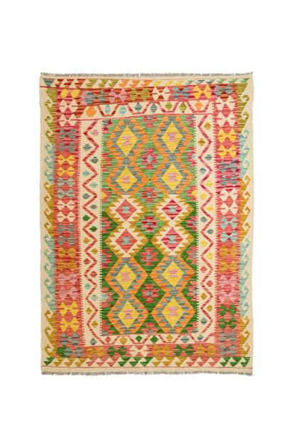 Tappeto Kilim afghano tradizionale in lana Terracotta Arancione Verde - 203 x 147 cm