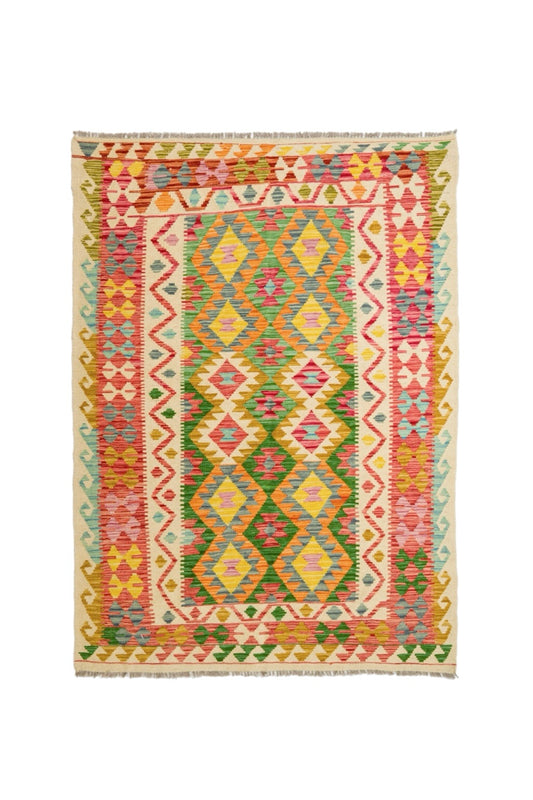 Tapis Kilim Afghan Traditionnel en laine Vert Terracotta Orange- 203 x 147 cm