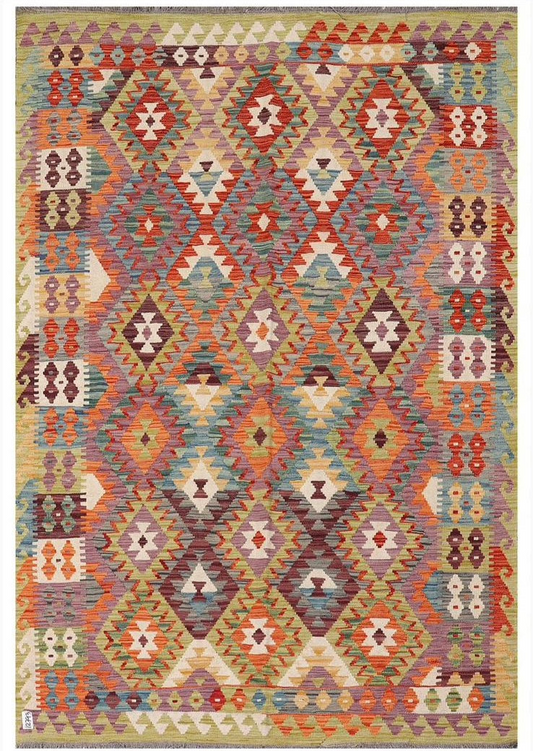 Grand kilim afghan coloré vert orange vert et jaune tapis kilim persan en laine fait main tapis kilim en laine multicolore 