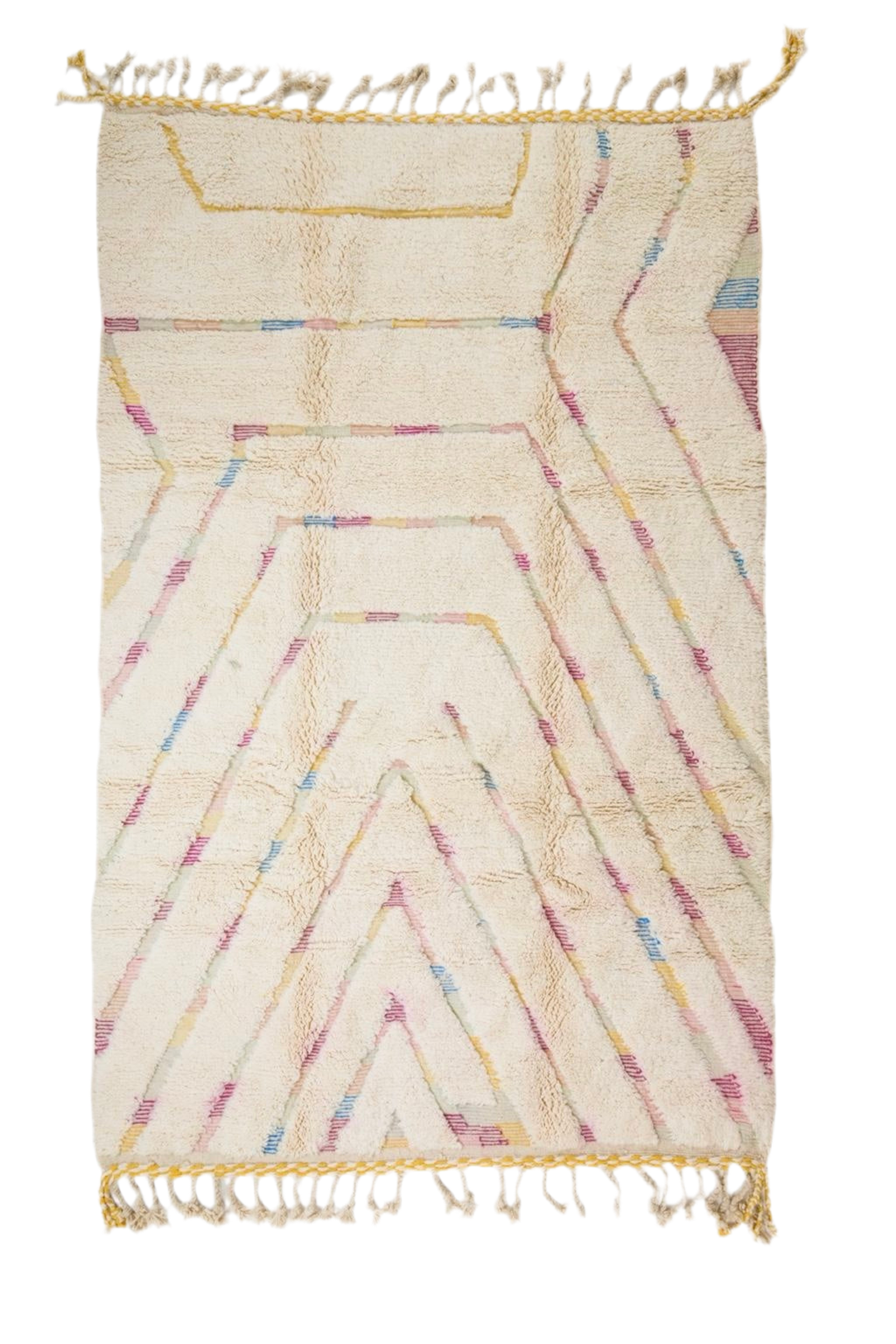 Alfombra bereber Beni Ouarain blanca con motivos en relieve sobre tejido Kilim coloreado - 318 x 200 cm