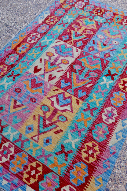 Traditionele roze en blauw Afghaanse kilim tapijt- 191 x 121 cm