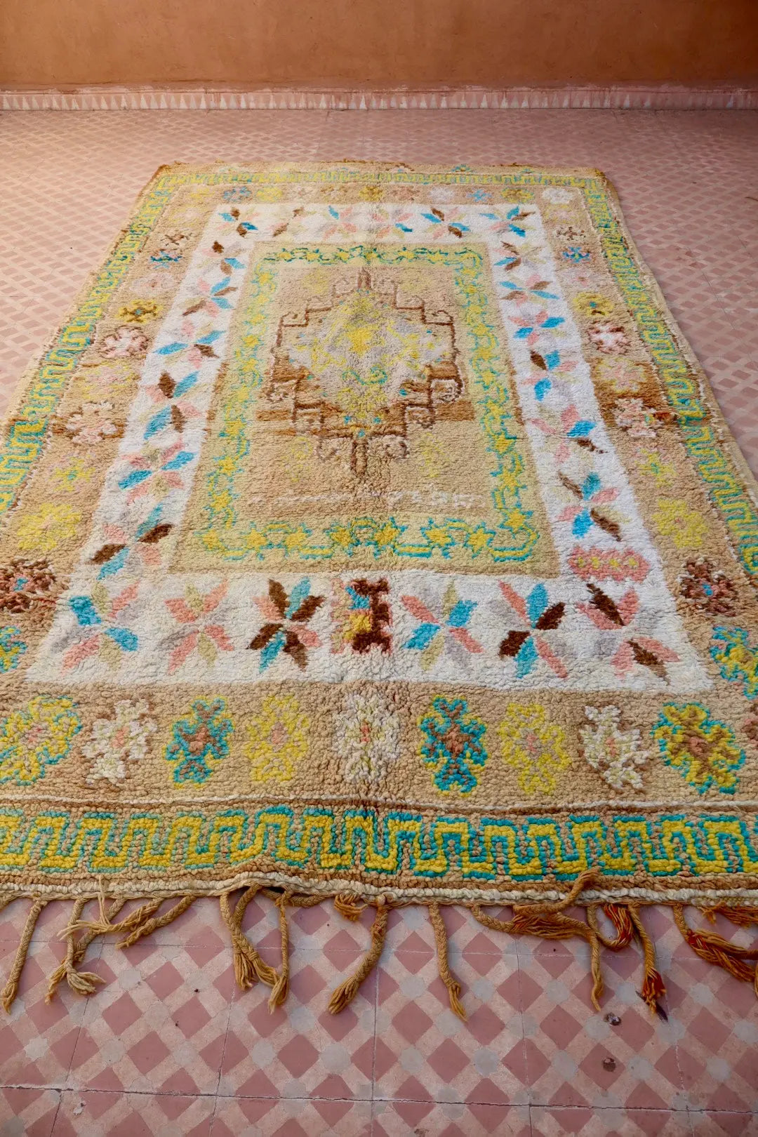 Tapis Berbère Ancien Jaune Pâle Beige Bleu- 345 x 193 cm Néda