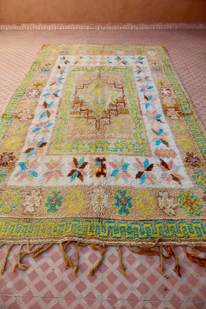 Tapis Berbère Ancien Jaune Pâle Beige Bleu- 345 x 193 cm Néda