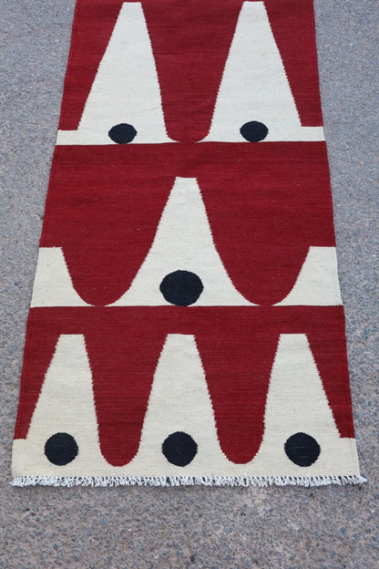 Tapis Kilim Afghan Couloir Moderne Rouge Blanc Noir - 304 x 80 cm Néda