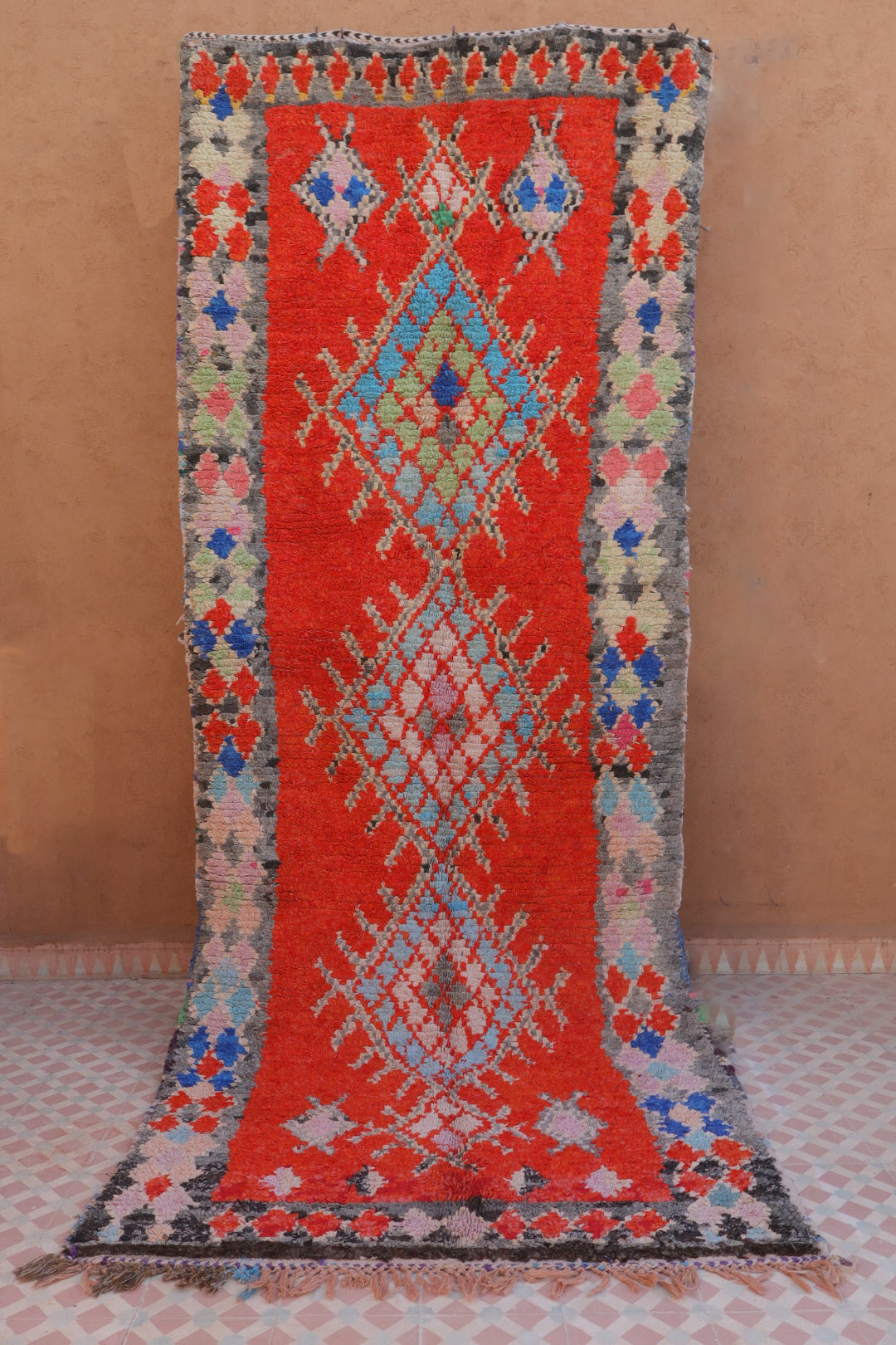 Red Berber Boucherouite rug with colored patterns - 305 x 118 cm