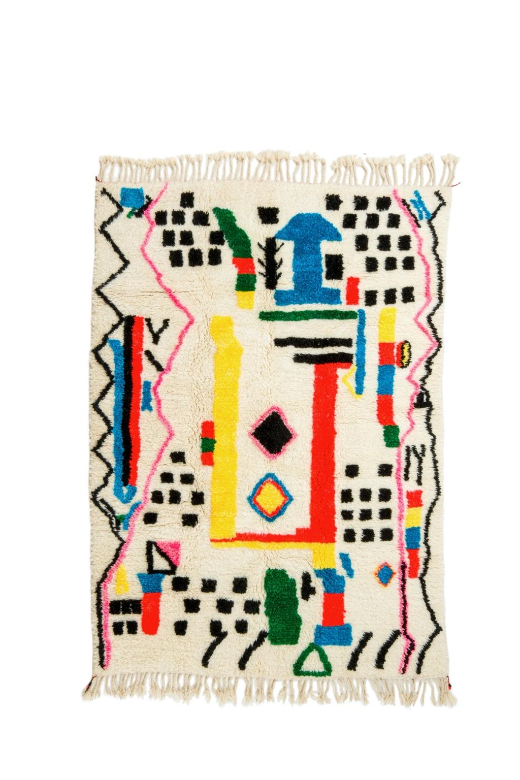 White Berber Azilal carpet with Fluorescent colored patterns - 197 x 142 cm