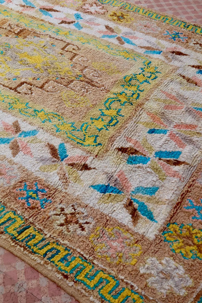 Tapis Berbère Ancien Jaune Pâle Beige Bleu- 345 x 193 cm Néda