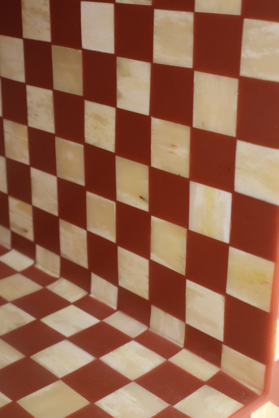 Checkerboard Cube in Bone and Terracotta Resin - “MAT"