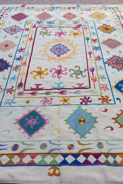 Tappeto afgano Suzani bianco multicolore Kilim - 300 x 239 cm