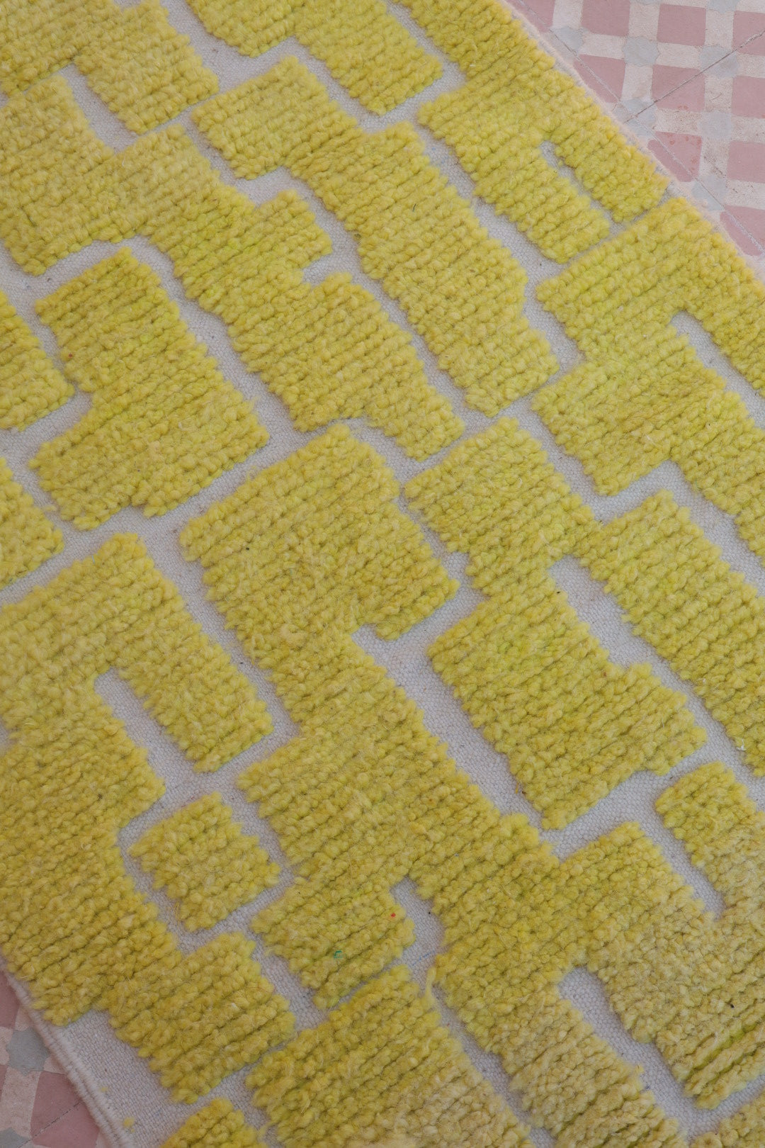 Béni Berber carpet Ouarain of yellow lemon corridor patterns dug abstract- 304 x 80 cm