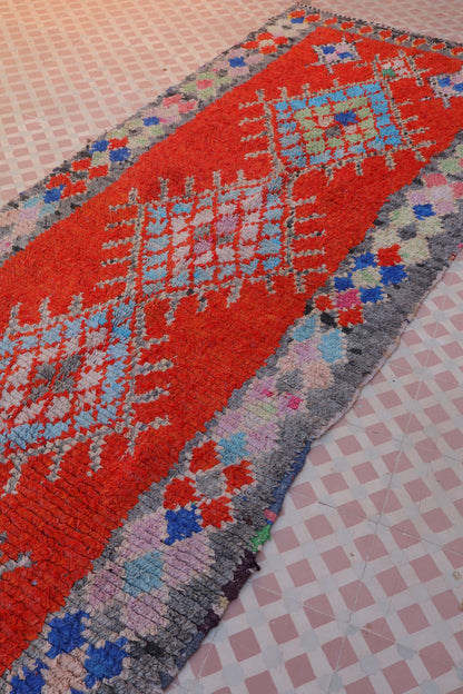 Red Berber Boucherouite rug with colored patterns - 305 x 118 cm