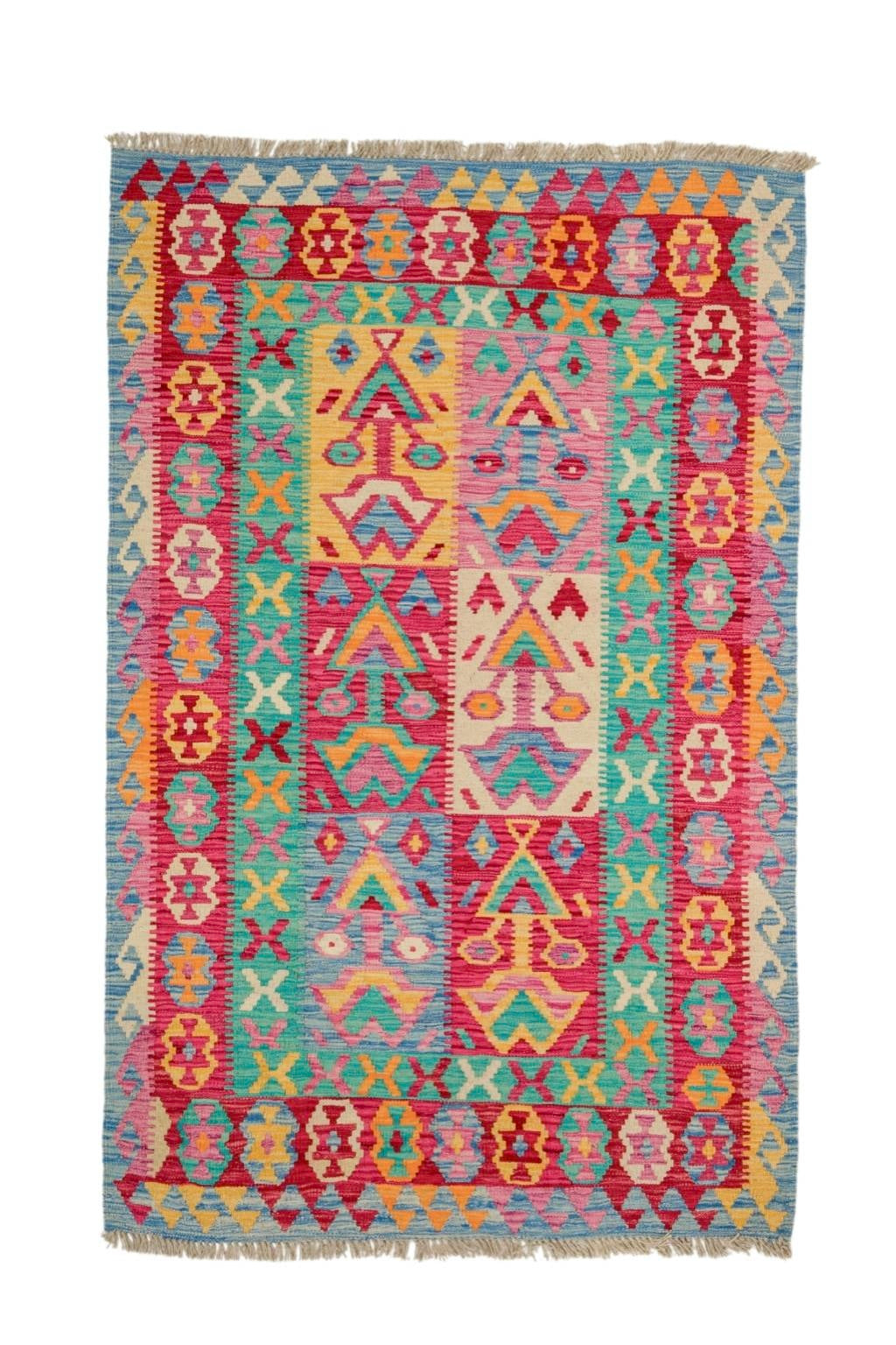 Tapis kilim afghans coloré rose bleu turquoise en laine fait main à motifs 