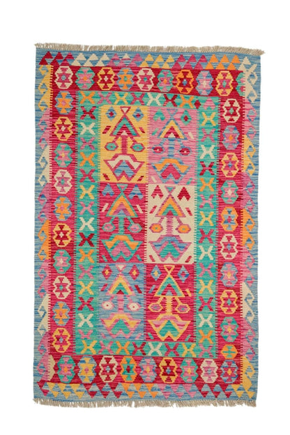 Tapis kilim afghans coloré rose bleu turquoise en laine fait main à motifs 