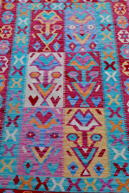 Traditionele roze en blauw Afghaanse kilim tapijt- 191 x 121 cm