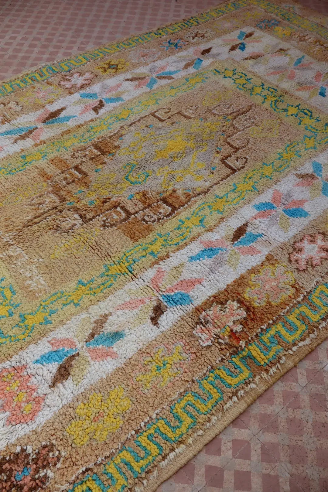 Tapis Berbère Ancien Jaune Pâle Beige Bleu- 345 x 193 cm Néda