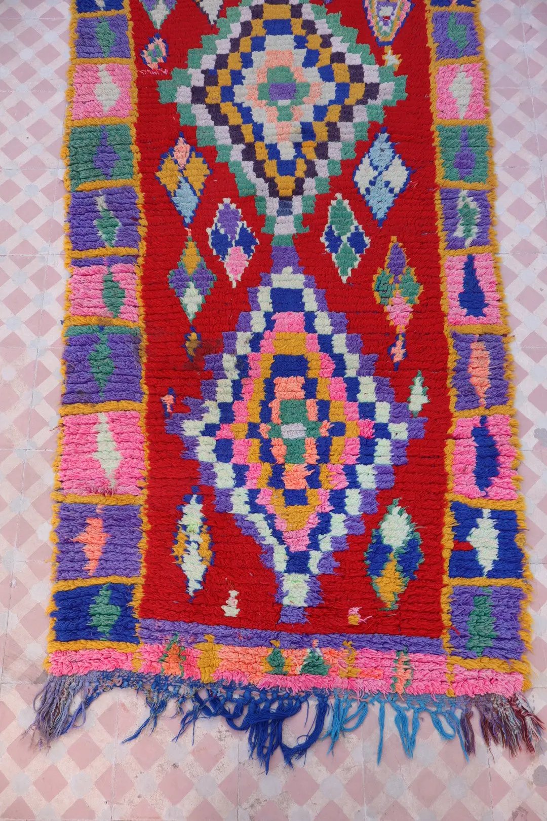 Tapis Berbère Azilal Vintage de Couloir Coloré Rouge - 214 x 91 cm Néda